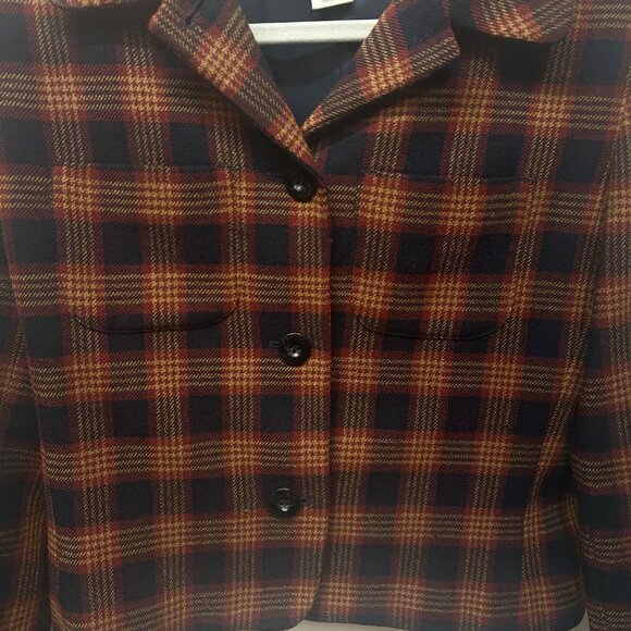 Field Manor Plaid Wool Blend Cropped Blazer Navy/Red/orange Size 8 - Picture 2 of 8